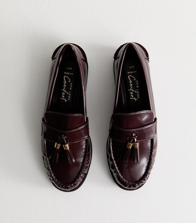 New Look Women's Wide Fit Burgundy Faux Leather Gold Tassel Loafers Vegan New Look - 2