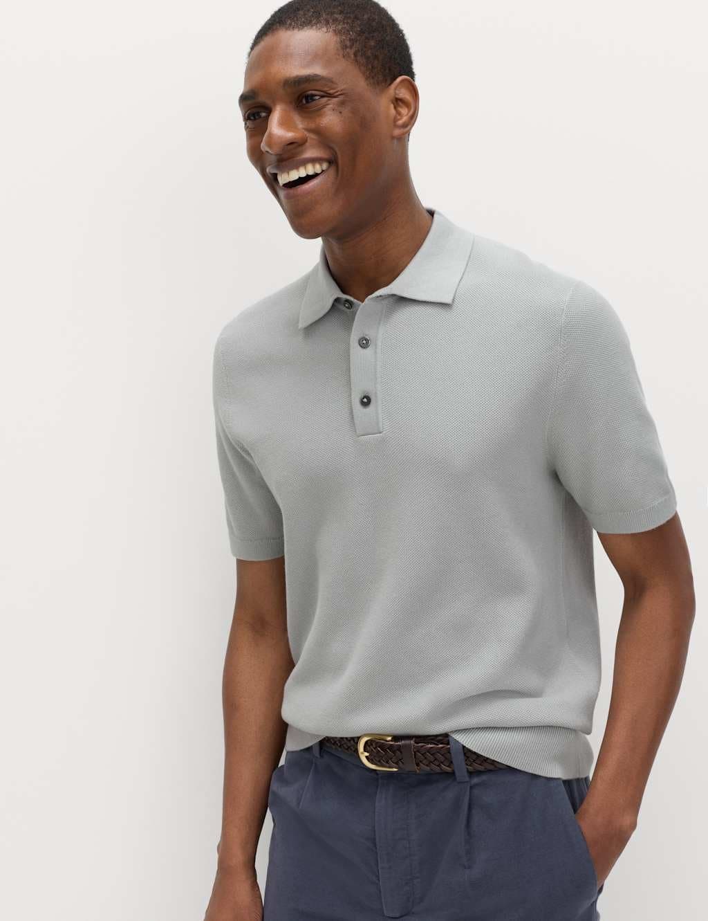 Marks & Spencer M&S Cotton Rich Regular Fit Knitted Polo Shirt Silver Grey