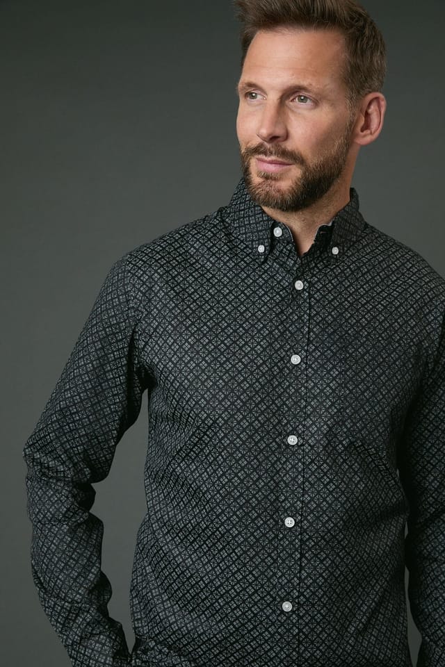 Maine Maine Men's Black Geometric Print Long Sleeve Shirt - 2