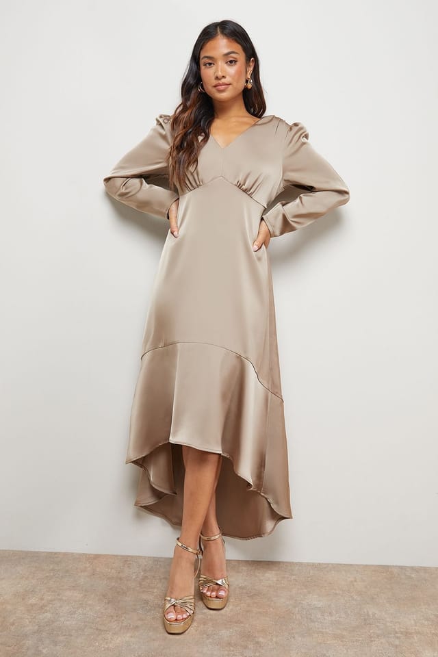Oasis Oasis Women's Petite Satin Puff Sleeve V Neck High Low Hem Midi Dress in Mink - 2