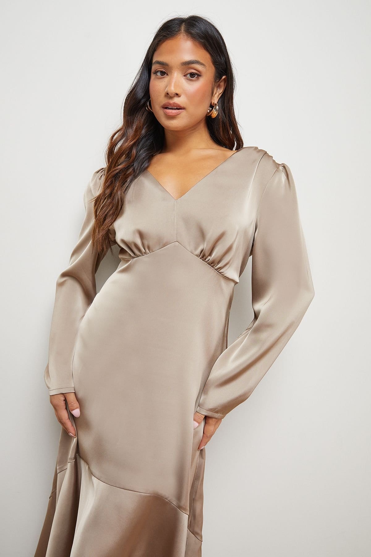 Oasis Oasis Women's Petite Satin Puff Sleeve V Neck High Low Hem Midi Dress in Mink - 4