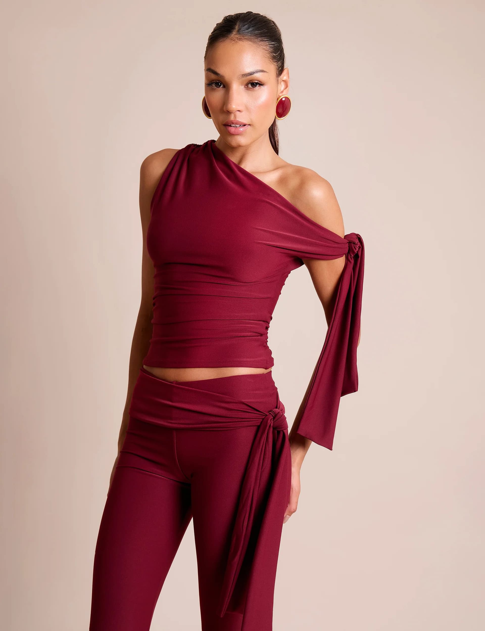 Public Desire Knot Detail Asymmetric One Shoulder Luxe Slinky Top Burgundy
