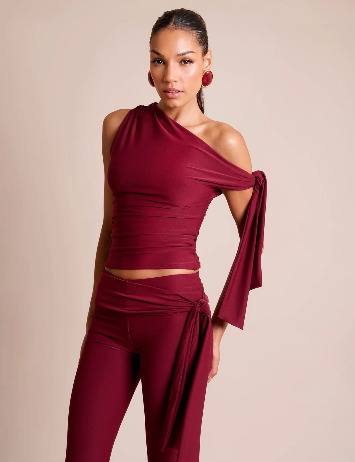 Public Desire Knot Detail Asymmetric One Shoulder Luxe Slinky Top Burgundy - 1