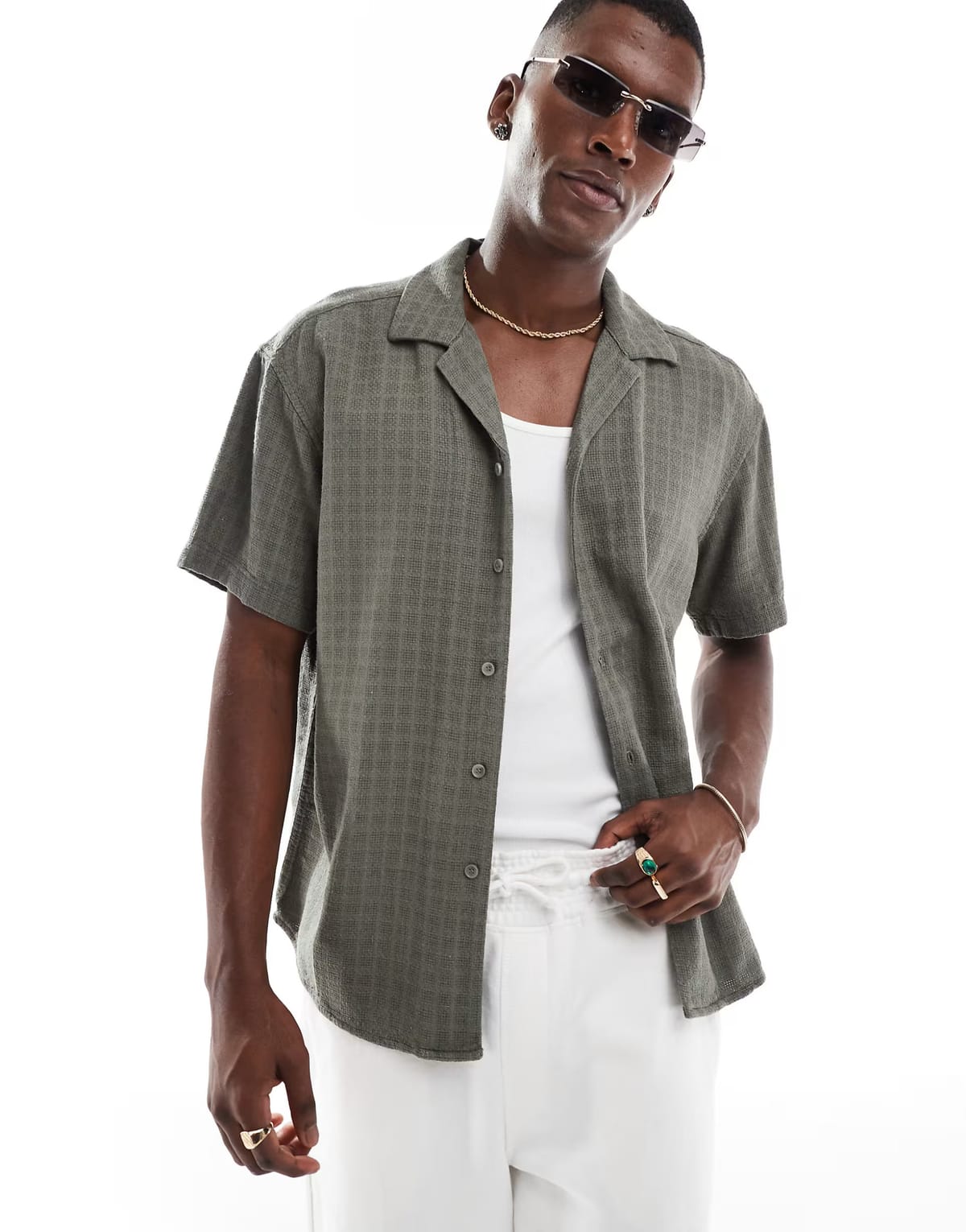 ASOS ONLY & SONS short sleeve linen textured shirt in khaki - 1