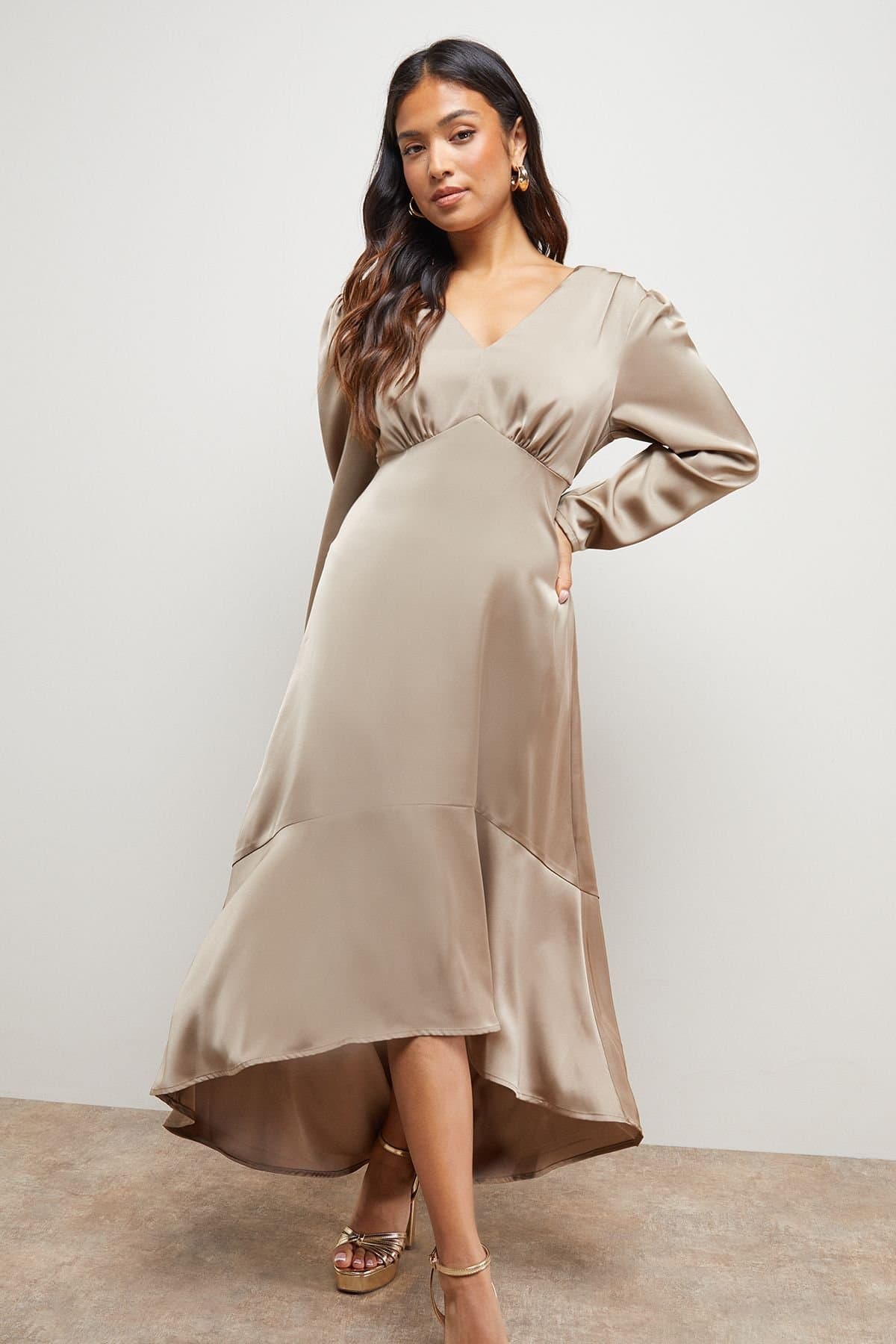 Oasis Oasis Women's Petite Satin Puff Sleeve V Neck High Low Hem Midi Dress in Mink