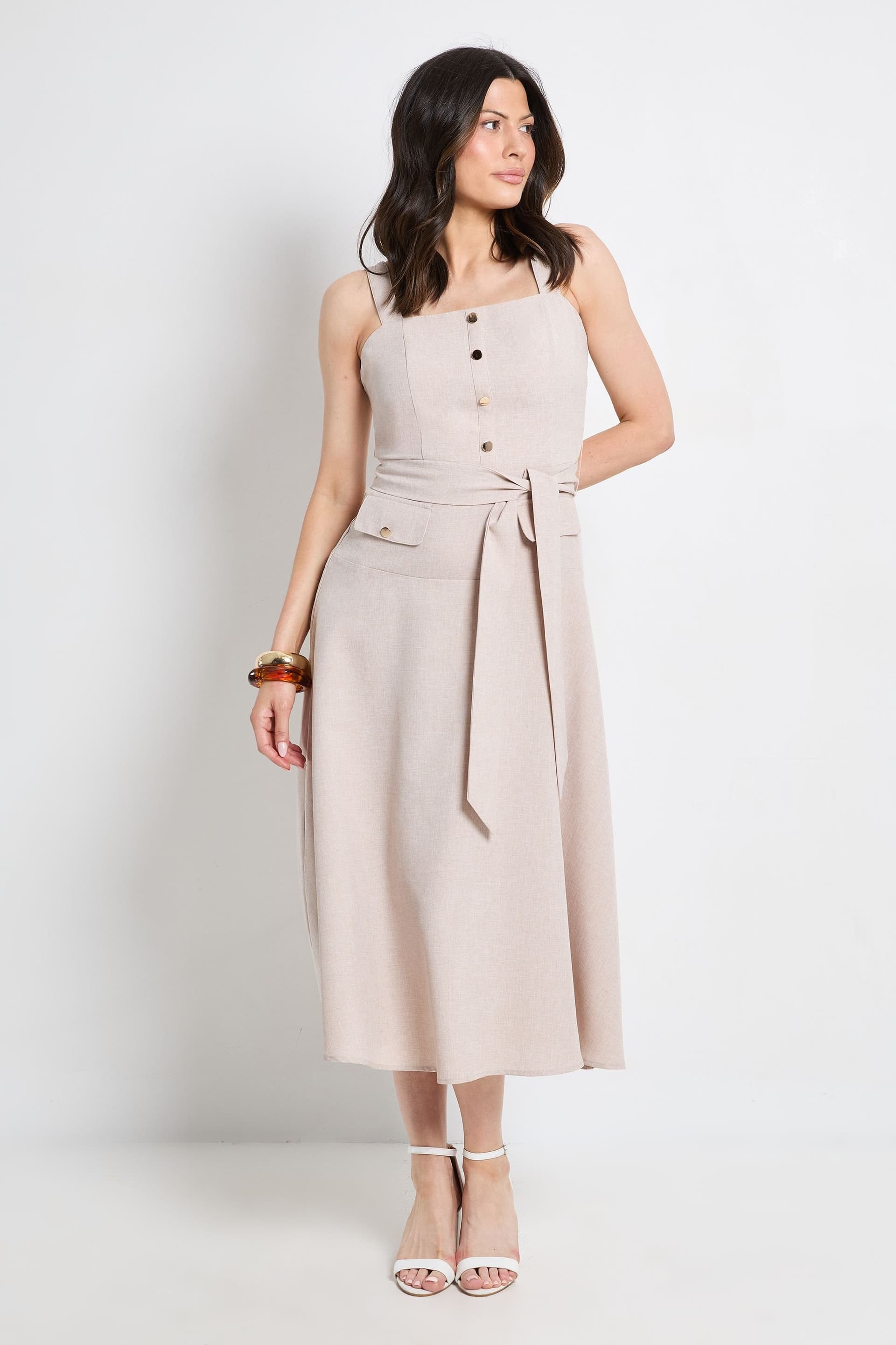 Principles Principles Women's Square Neck Strap Utility Midi Dress in Oatmeal