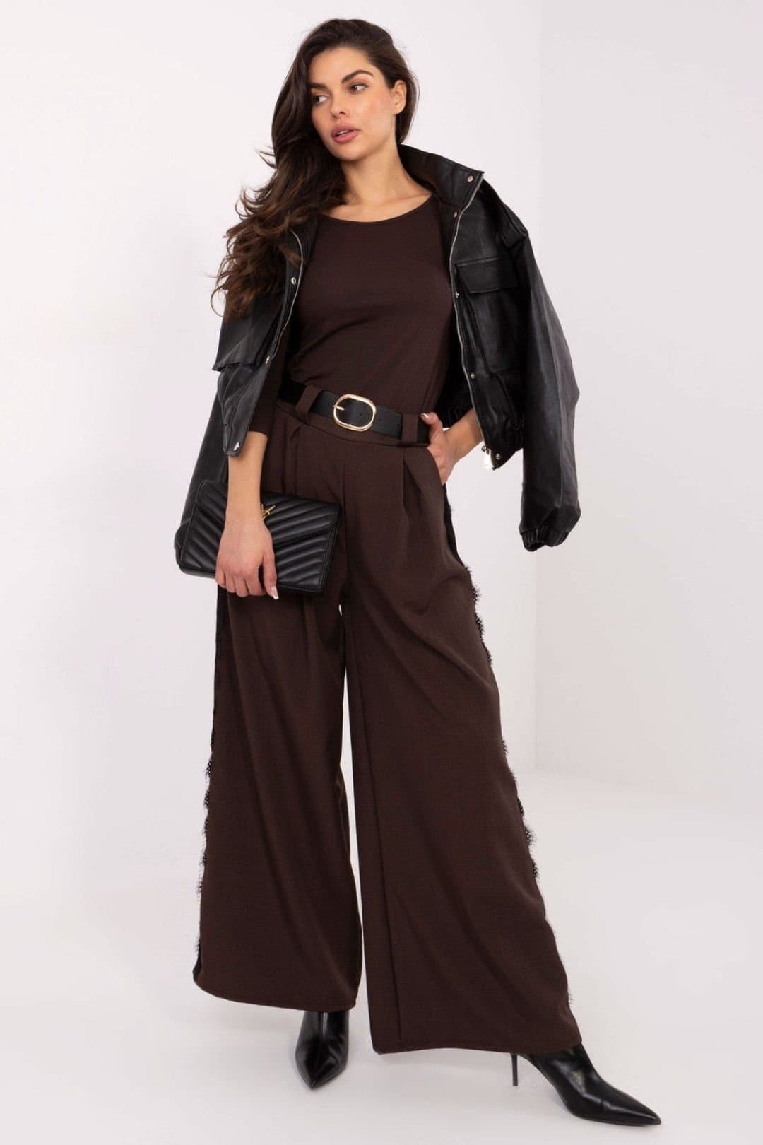 Love Lace Love Lace Women's Elegant High Waist Wide Leg Lace Belt Trousers in Brown