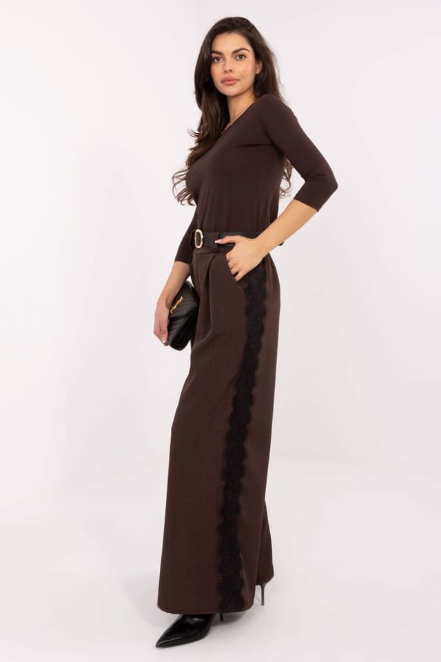 Love Lace Love Lace Women's Elegant High Waist Wide Leg Lace Belt Trousers in Brown - 2