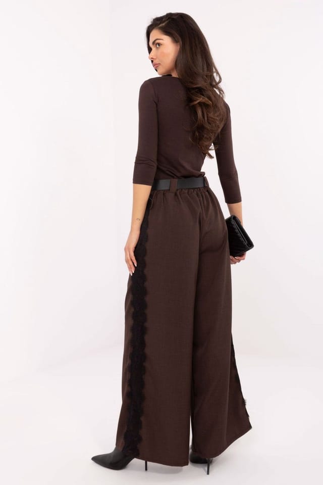 Love Lace Love Lace Women's Elegant High Waist Wide Leg Lace Belt Trousers in Brown - 3