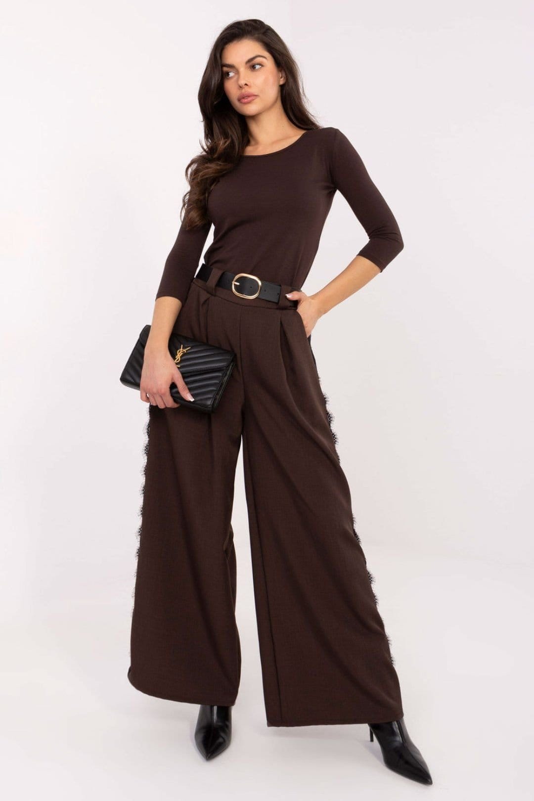 Love Lace Love Lace Women's Elegant High Waist Wide Leg Lace Belt Trousers in Brown - 4