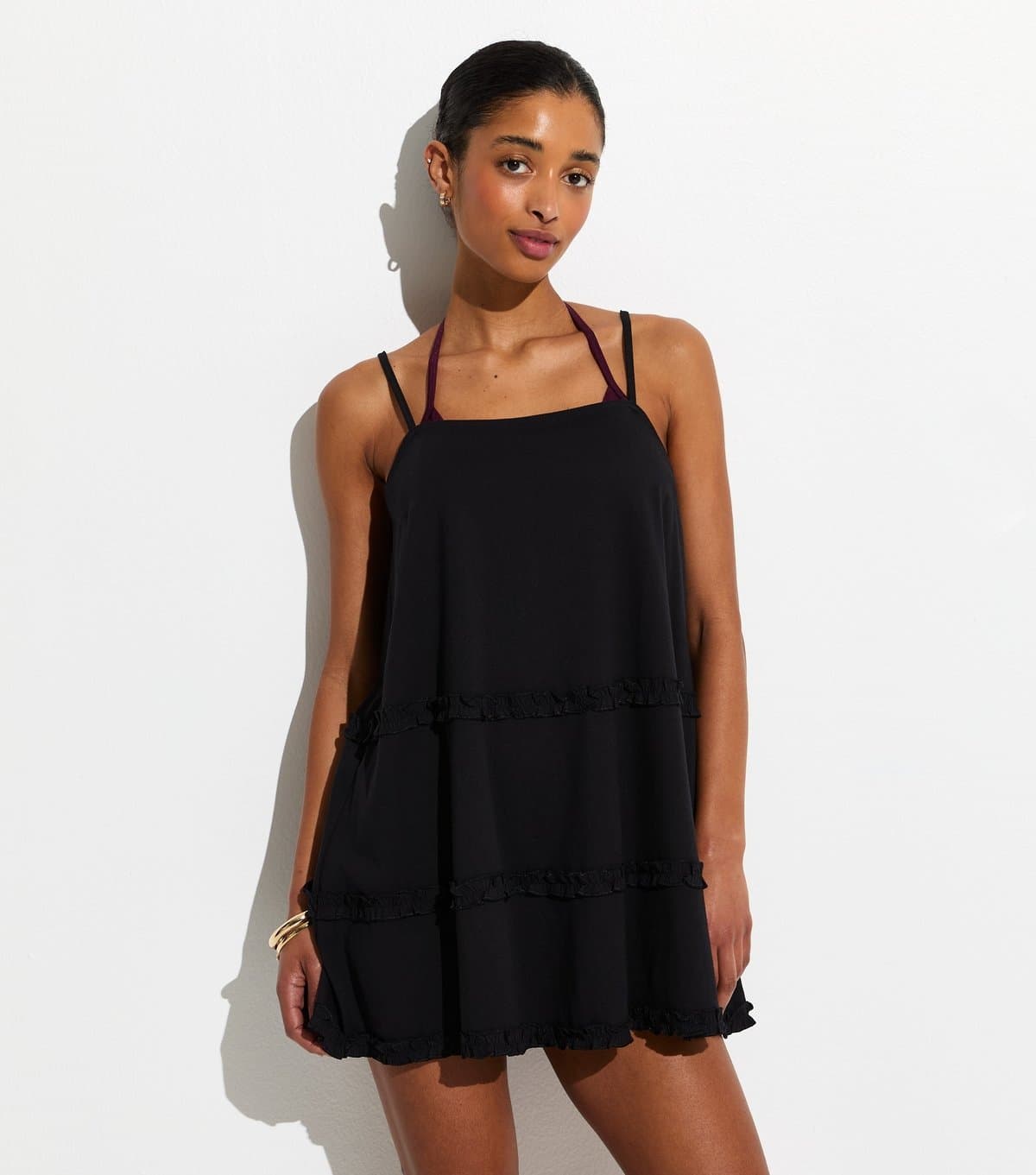 New Look Women's Black Cotton Jersey Ruffled Mini Dress New Look