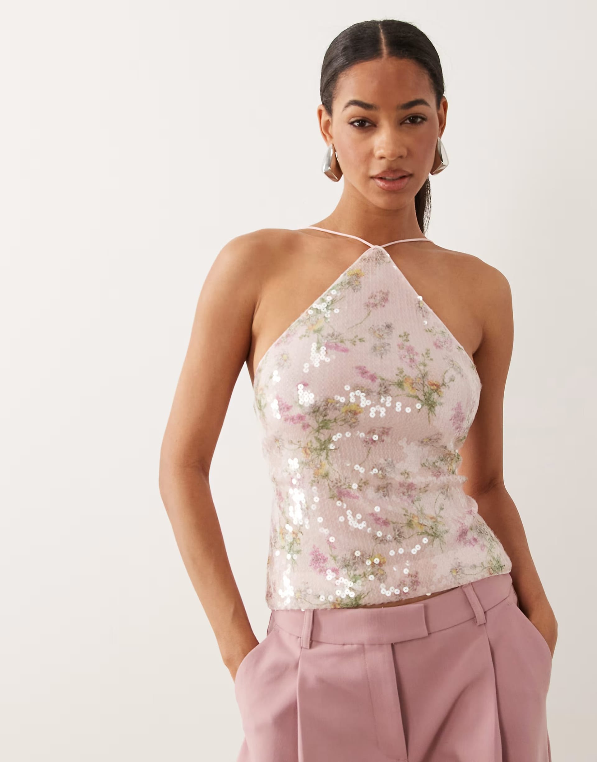 ASOS DESIGN Pink Floral Sequin Halter Top