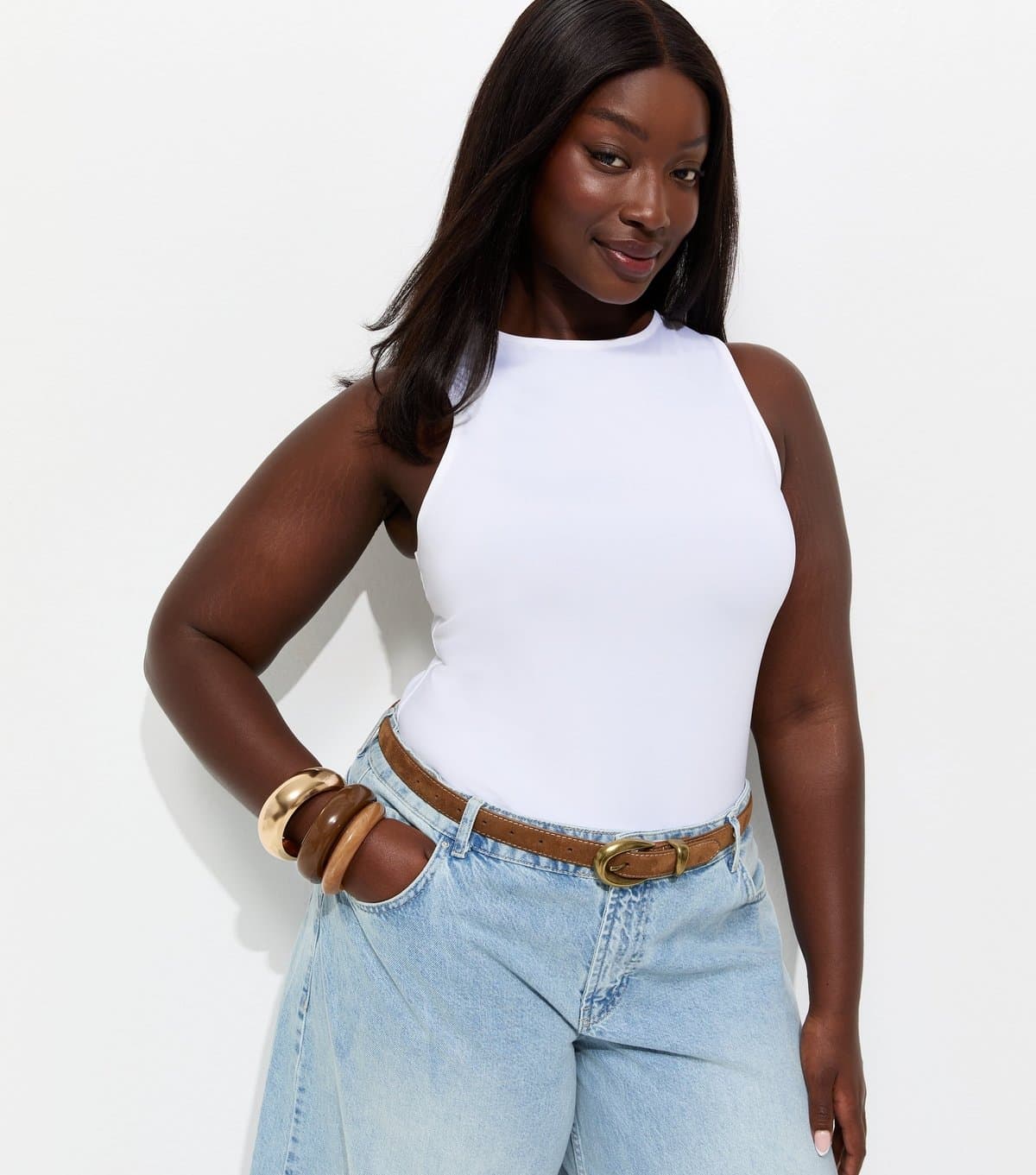New Look Women's Plus Size White Slinky Racerback Bodysuit Curves New Look