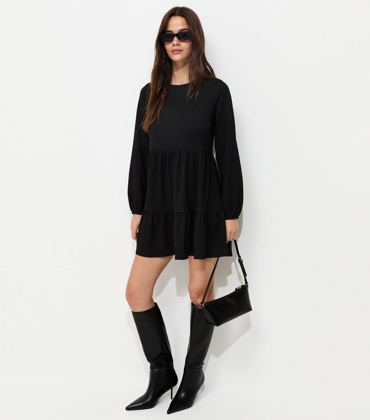 New Look Women's Black Crinkled Long Sleeve Smock Mini Dress New Look - 1