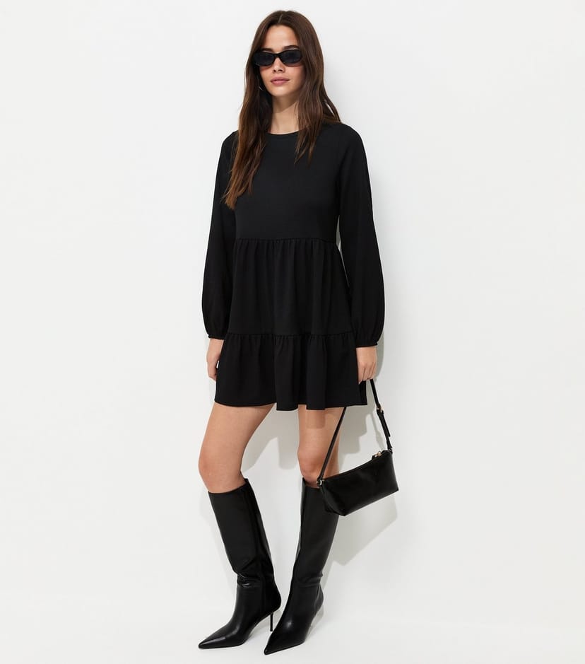 New Look Women's Black Crinkled Long Sleeve Smock Mini Dress New Look - 1