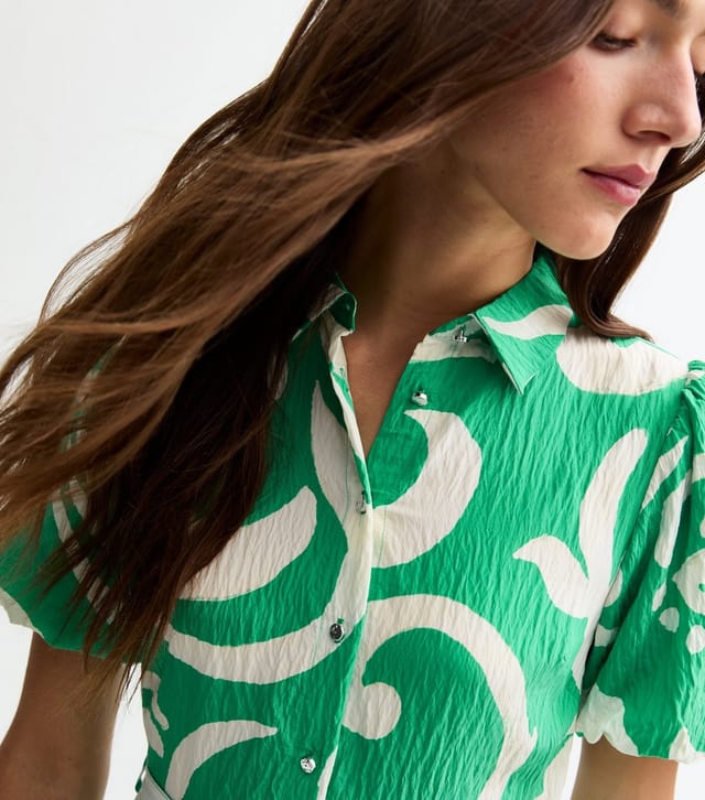 New Look Women's Green Swirl Print Puff Sleeve Midi Shirt Dress New Look - 2