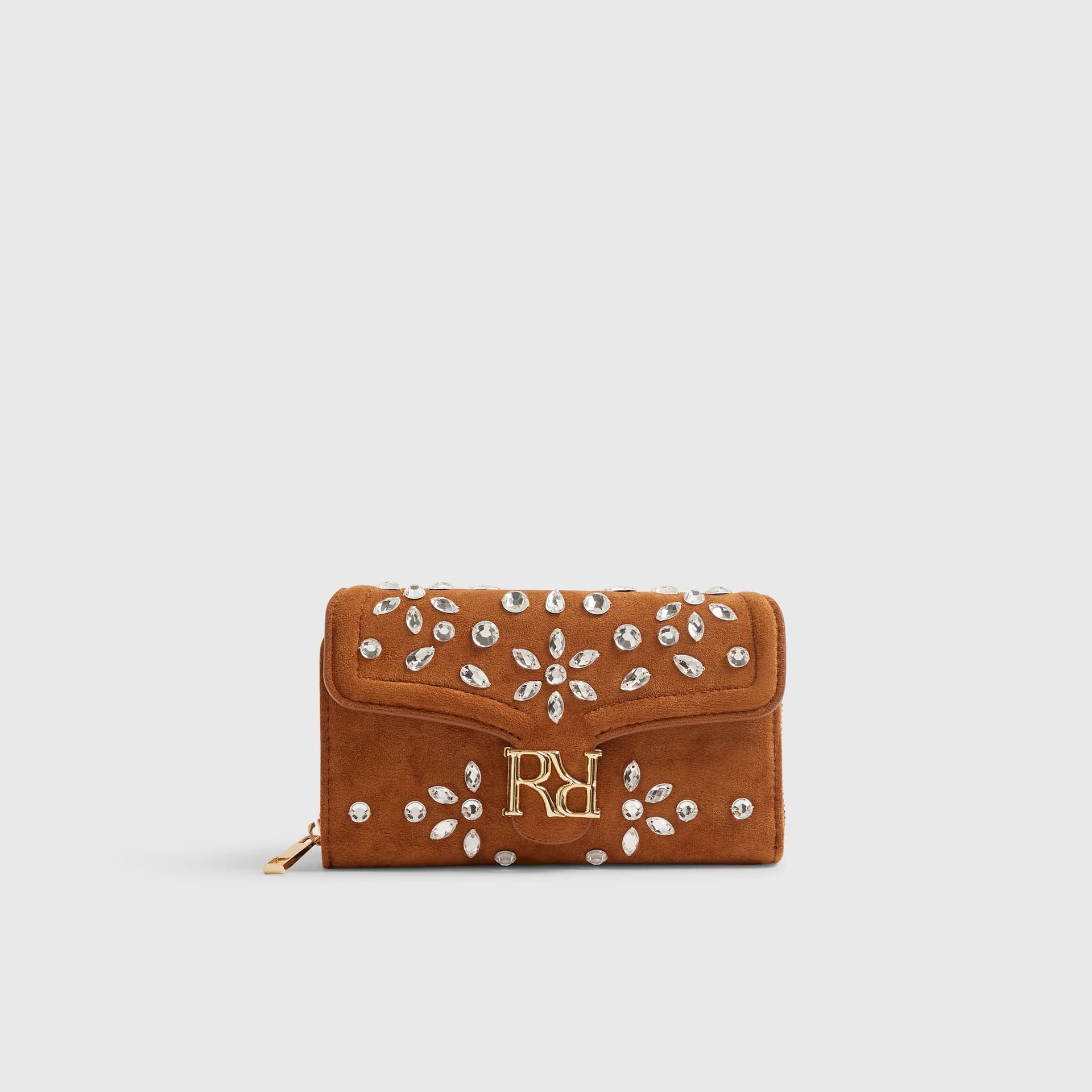 River Island River Island Womens Brown Diamante Tab Front Zip Around Purse