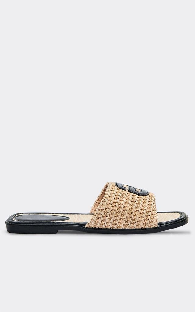 EGO Crush Logo Woven Detail Flat Slider Sandal In Black Faux Leather, Women's Size UK 3 - 2