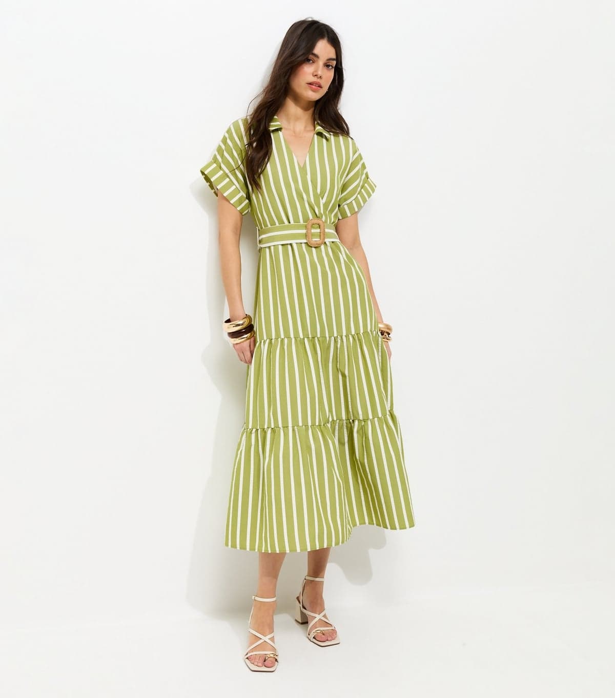 New Look Women's Green Stripe Shirt Raffia Buckle Midi Dress New Look