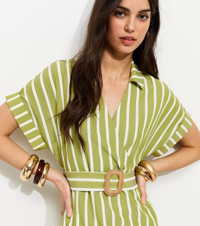 New Look Women's Green Stripe Shirt Raffia Buckle Midi Dress New Look - 2