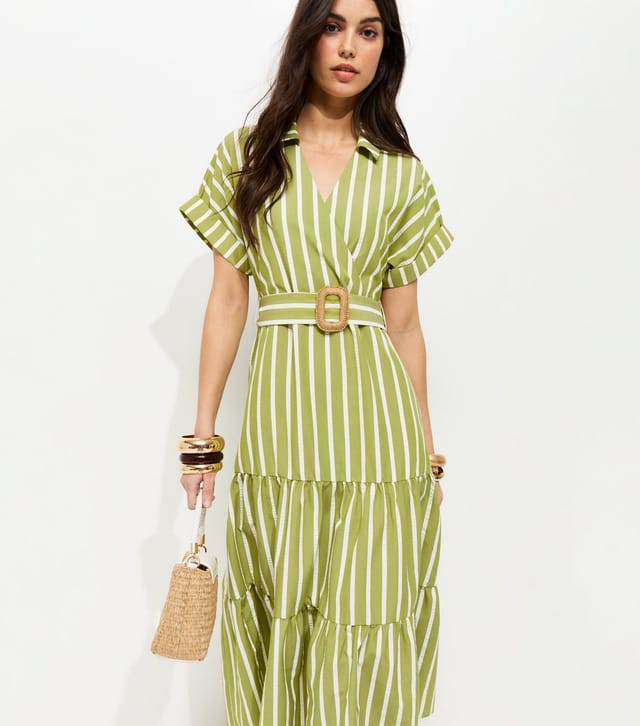New Look Women's Green Stripe Shirt Raffia Buckle Midi Dress New Look - 3