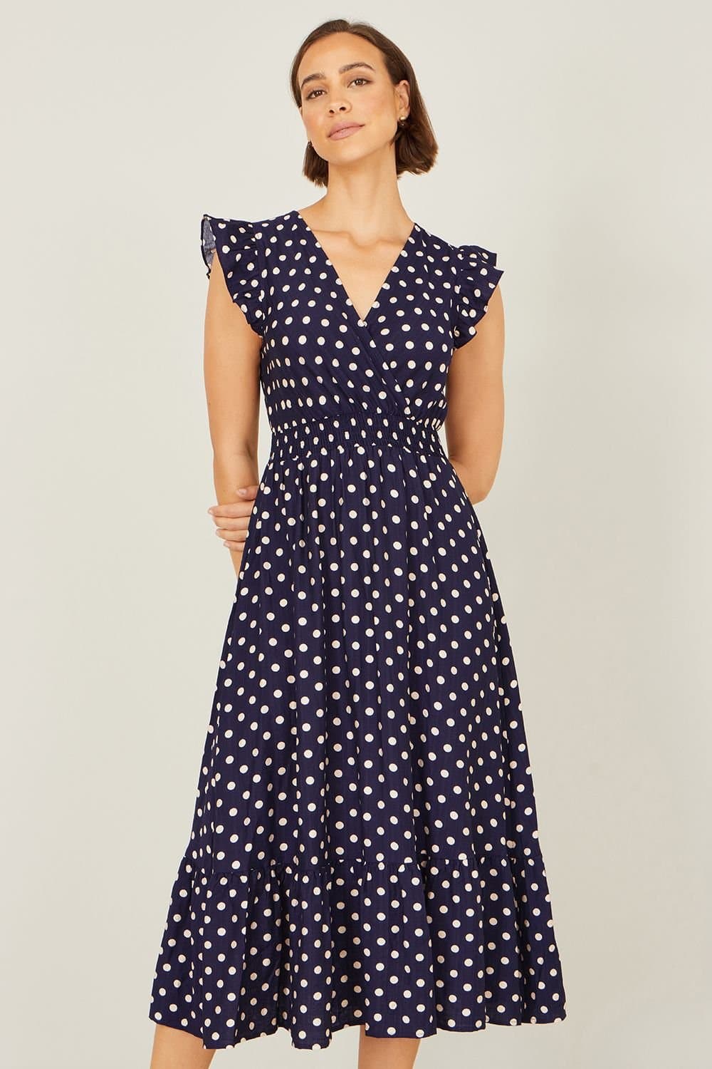 Yumi Yumi Women's Navy Spot Ruched Waist Midi Dress