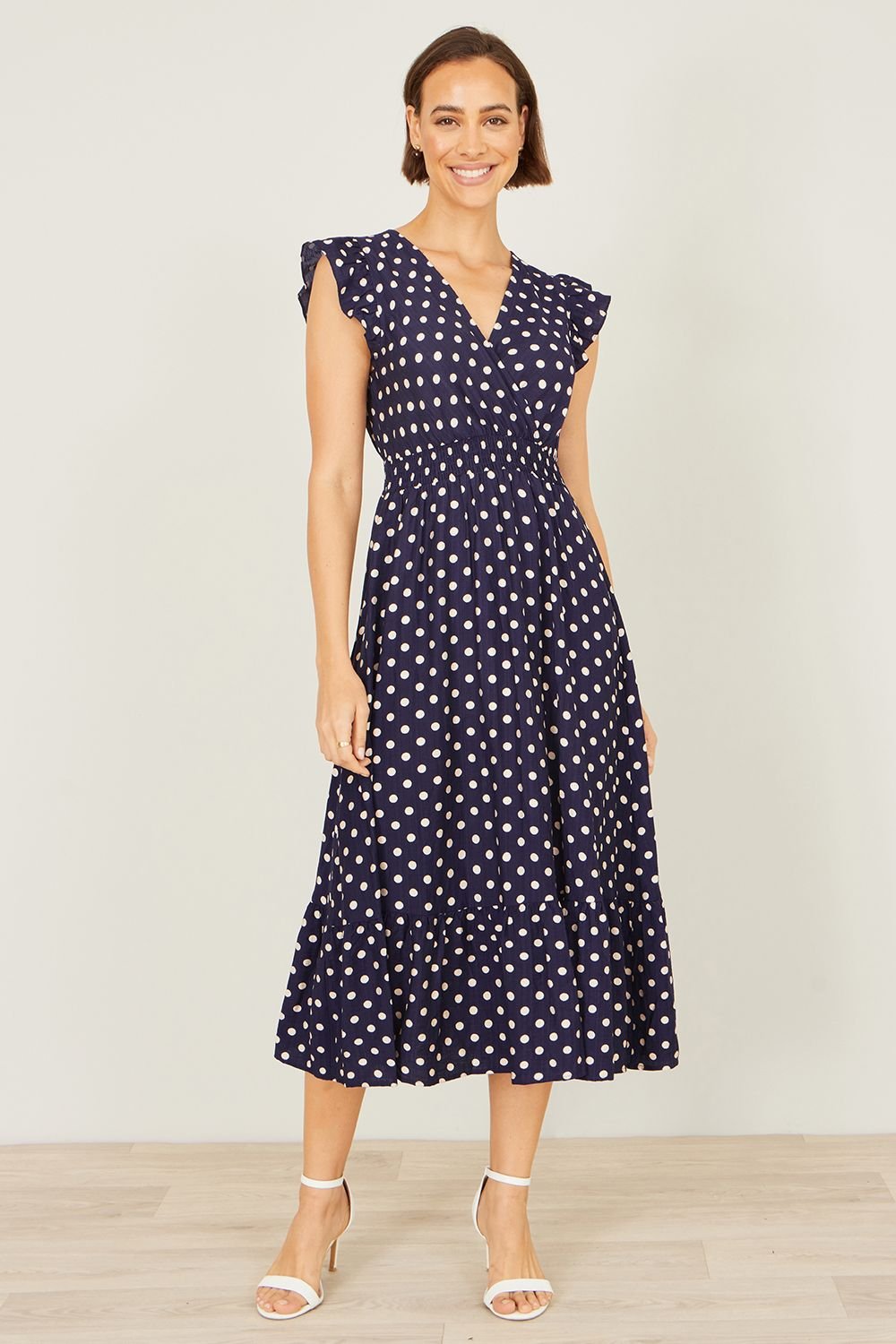 Yumi Yumi Women's Navy Spot Ruched Waist Midi Dress - 2