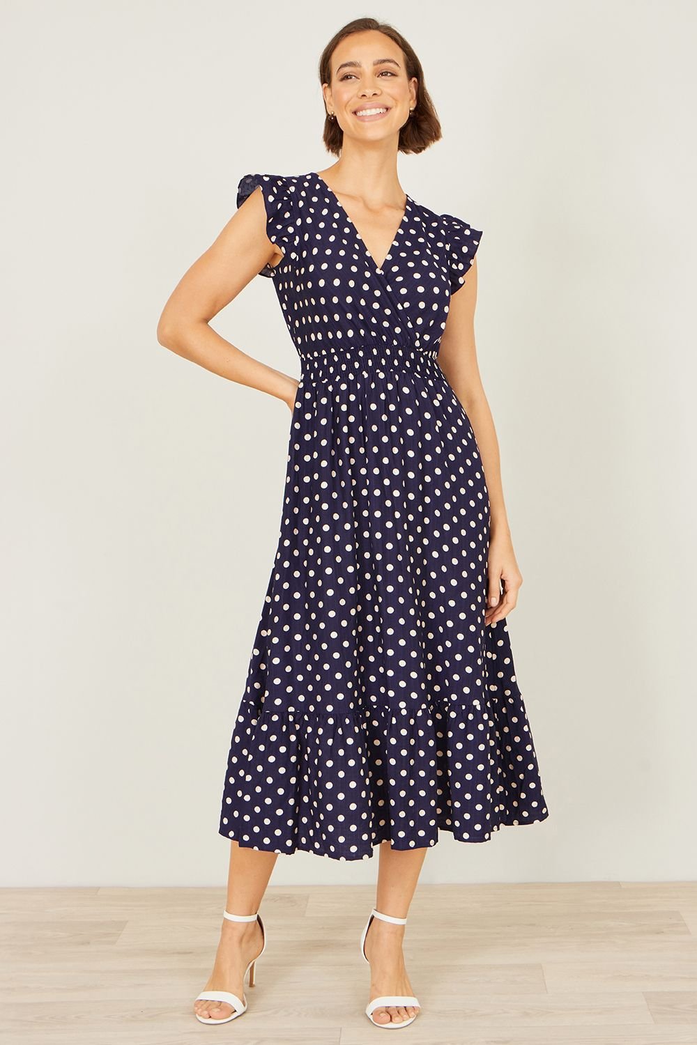 Yumi Yumi Women's Navy Spot Ruched Waist Midi Dress - 3