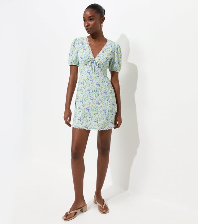 New Look Women's Blue Ditsy Floral V Neck Lace Trim Mini Dress New Look - 2