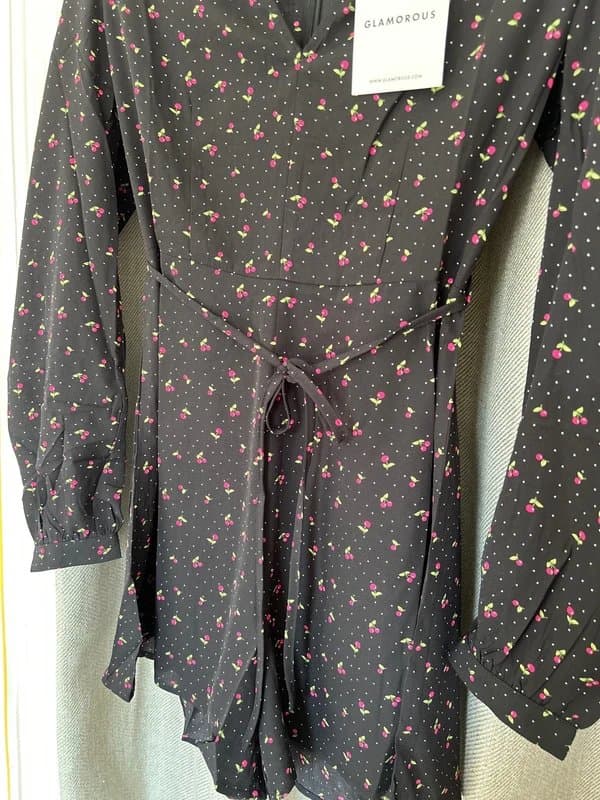 Glamorous Gorgeous Glamourous Black and Pink Cherry print Long Sleeve Playsuit Size 10
