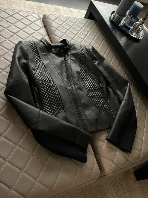 BCBGMAXAZRIA BCBG Max Azria Black Faux Leather Jacket Quilted Fitted Biker Style -Size S - 1