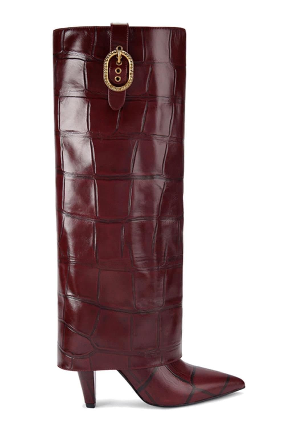 Kurt Geiger London Kurt Geiger London Women's 'Fold Over Tall Boot' Croc Print Leather Boots in Wine