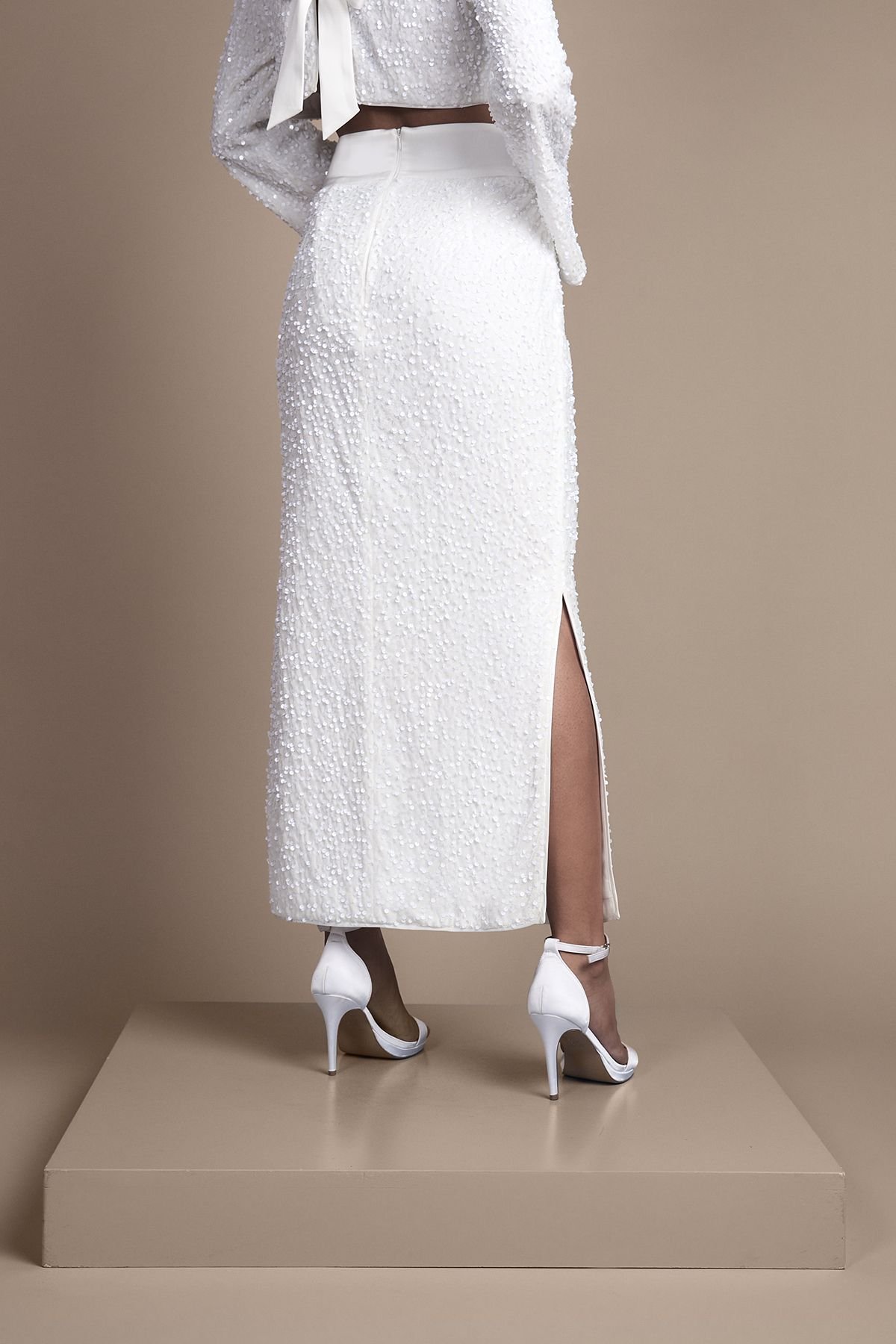 Coast Coast Women's Velvet Sequin Column Midi Skirt in Ivory - 3