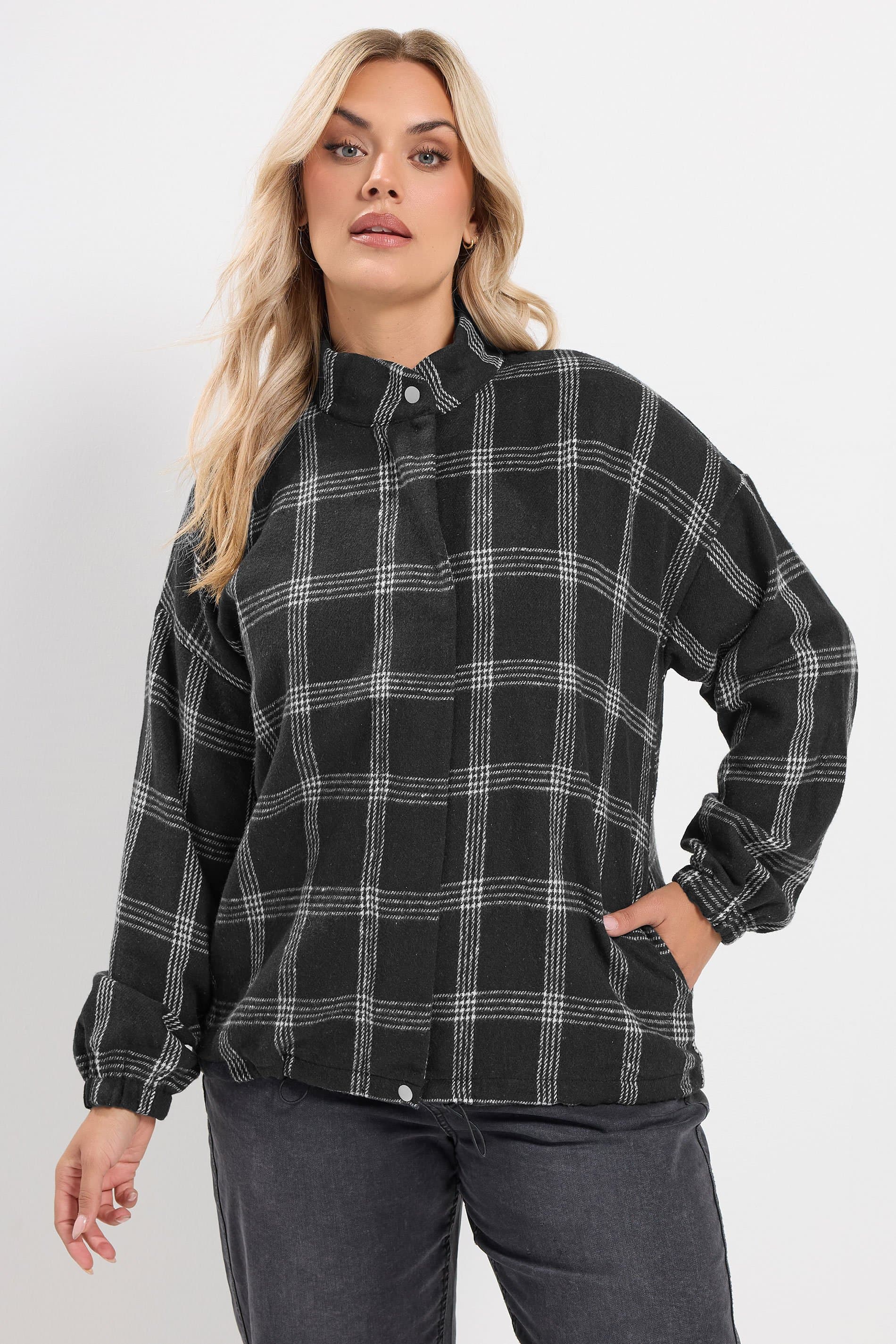 Yours Plus Size Black Check Funnel Neck Bomber Jacket