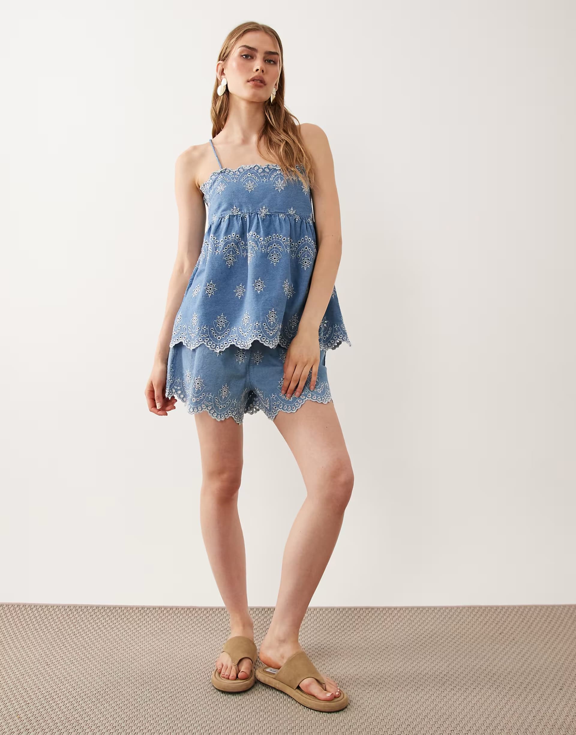 ASOS ASOS DESIGN denim embroidered short co-ord in mid blue