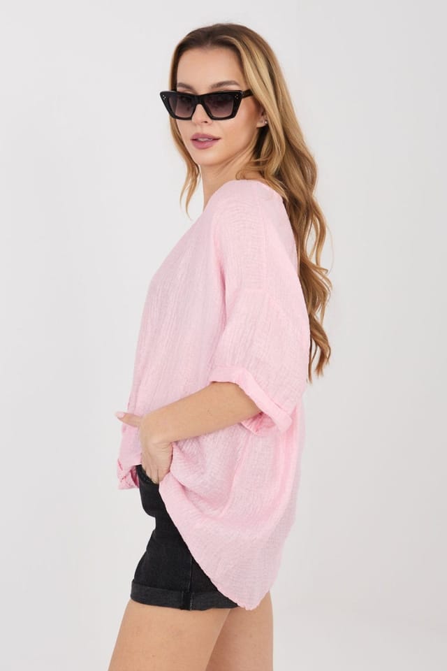 Love Lace Love Lace Women's Viscose Nylon V Neck Short Sleeve Shirt in Pink - 2