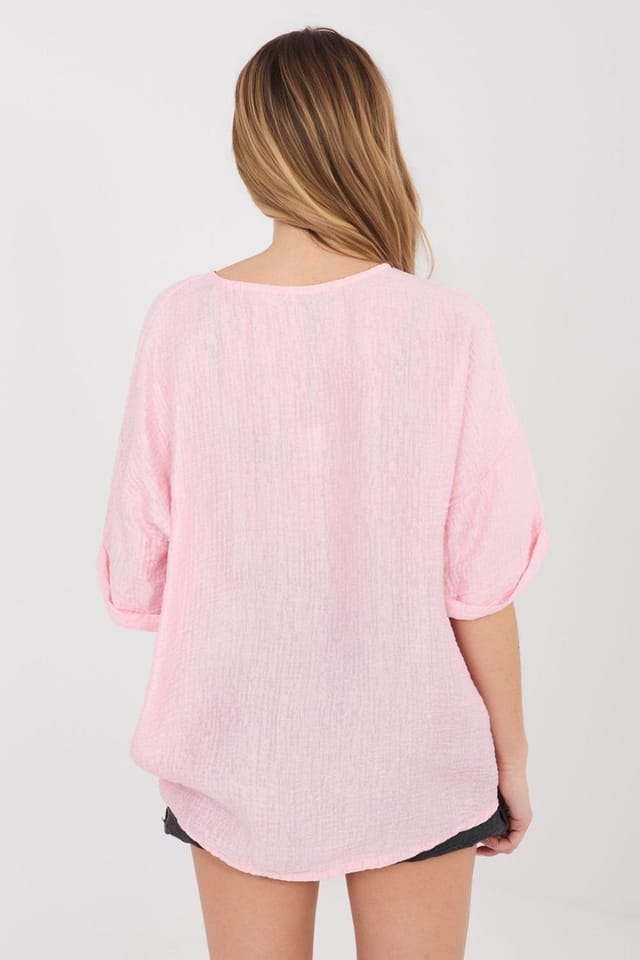 Love Lace Love Lace Women's Viscose Nylon V Neck Short Sleeve Shirt in Pink - 3