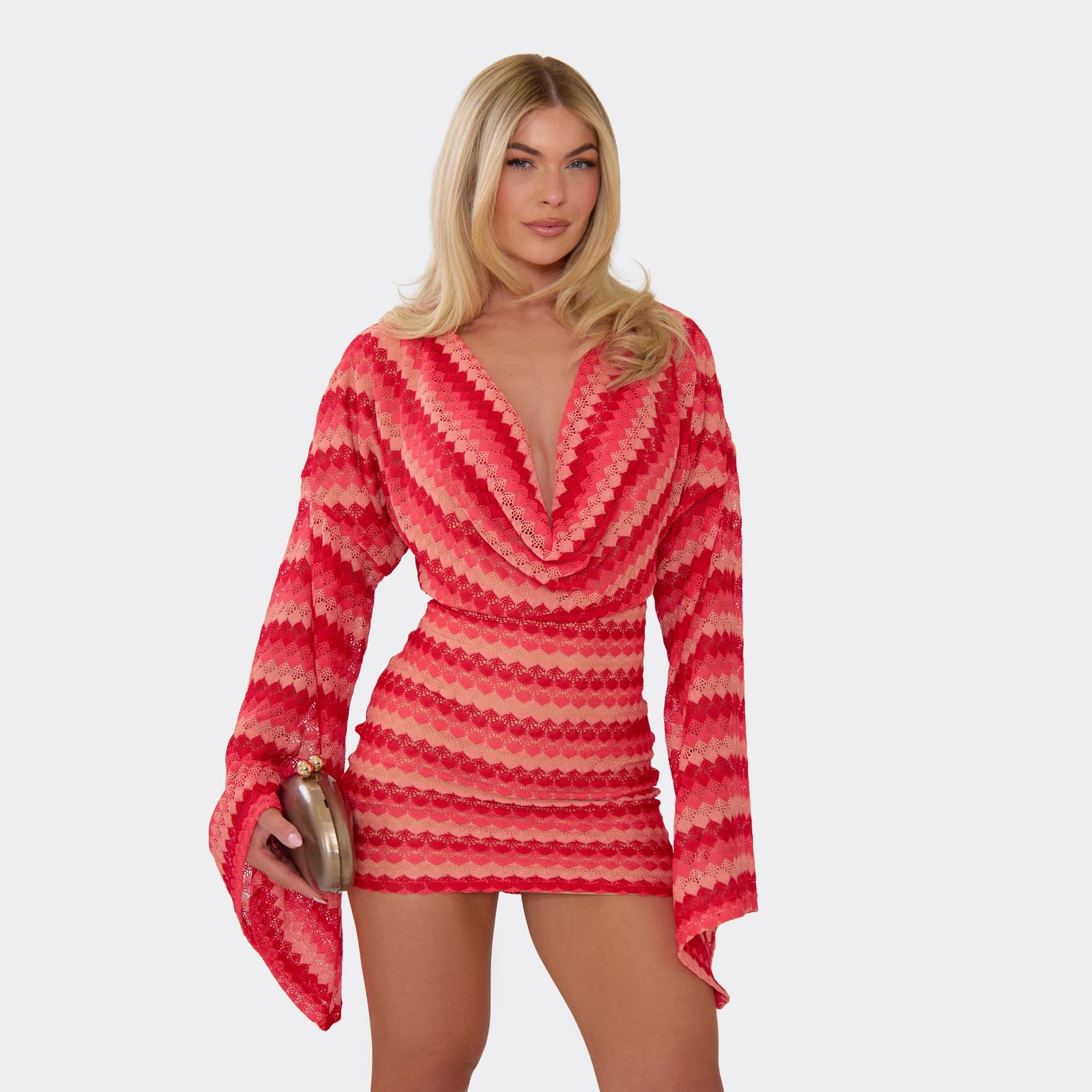 EGO Long Flared Sleeve Cowl Neck Mini Dress In Orange Textured Stripe, Women's Size UK 6