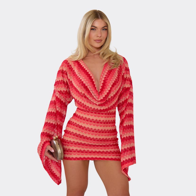 EGO Long Flared Sleeve Cowl Neck Mini Dress In Orange Textured Stripe, Women's Size UK 6 - 1