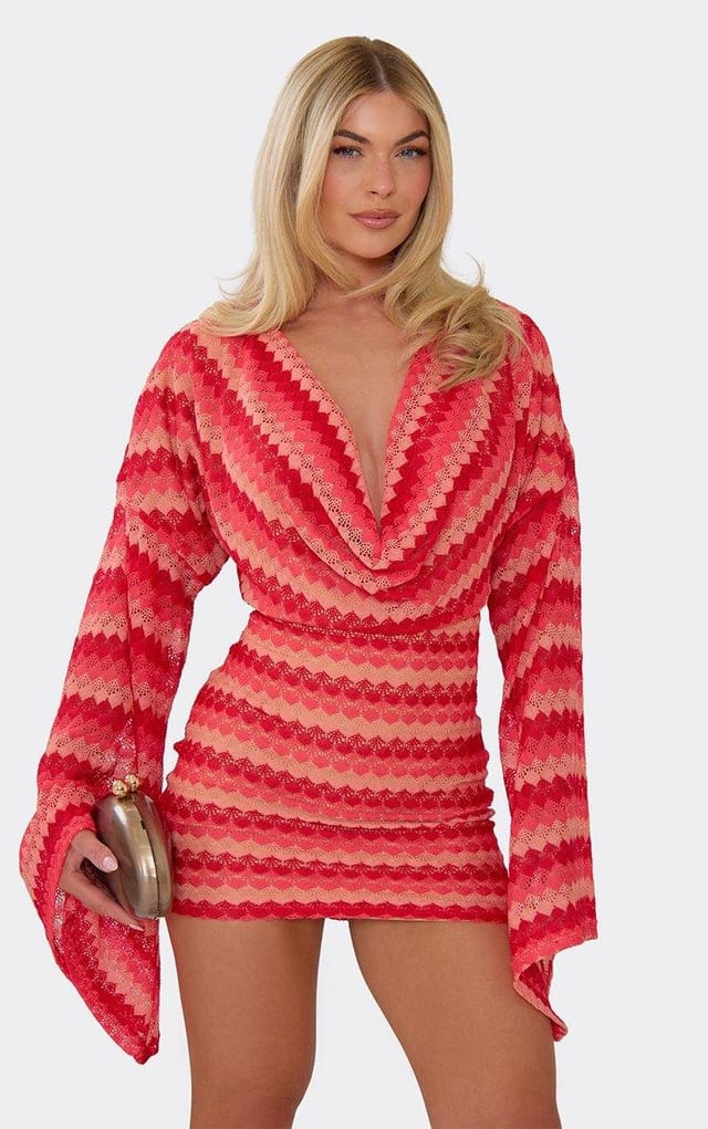 EGO Long Flared Sleeve Cowl Neck Mini Dress In Orange Textured Stripe, Women's Size UK 6 - 2