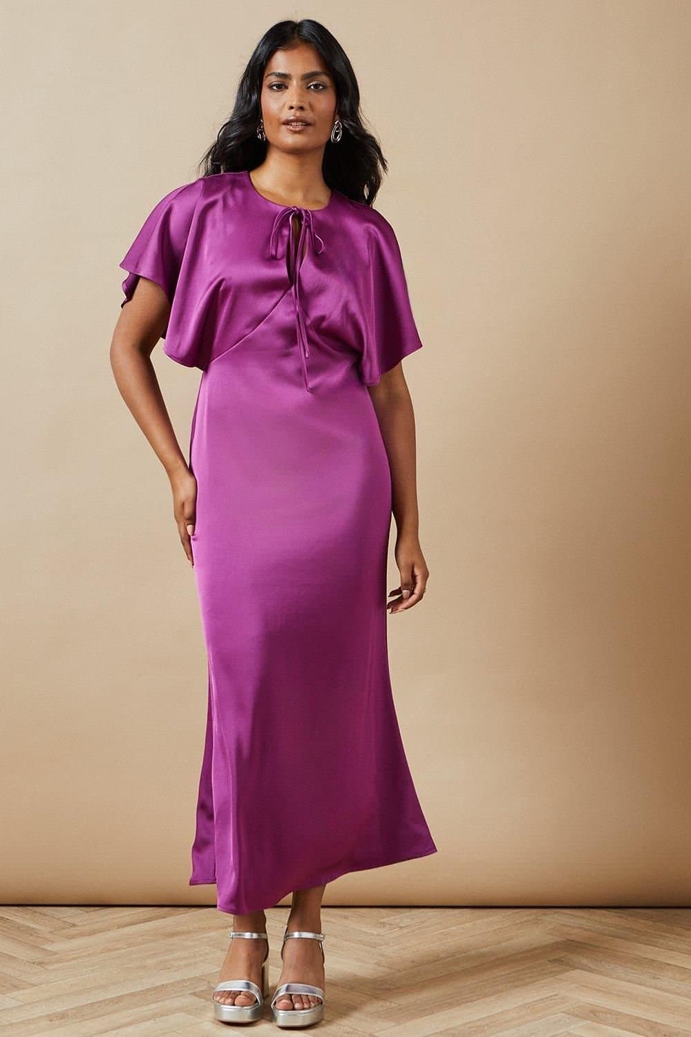 Oasis Oasis Women's Occasion Tie Neck Satin Midi Dress in Purple