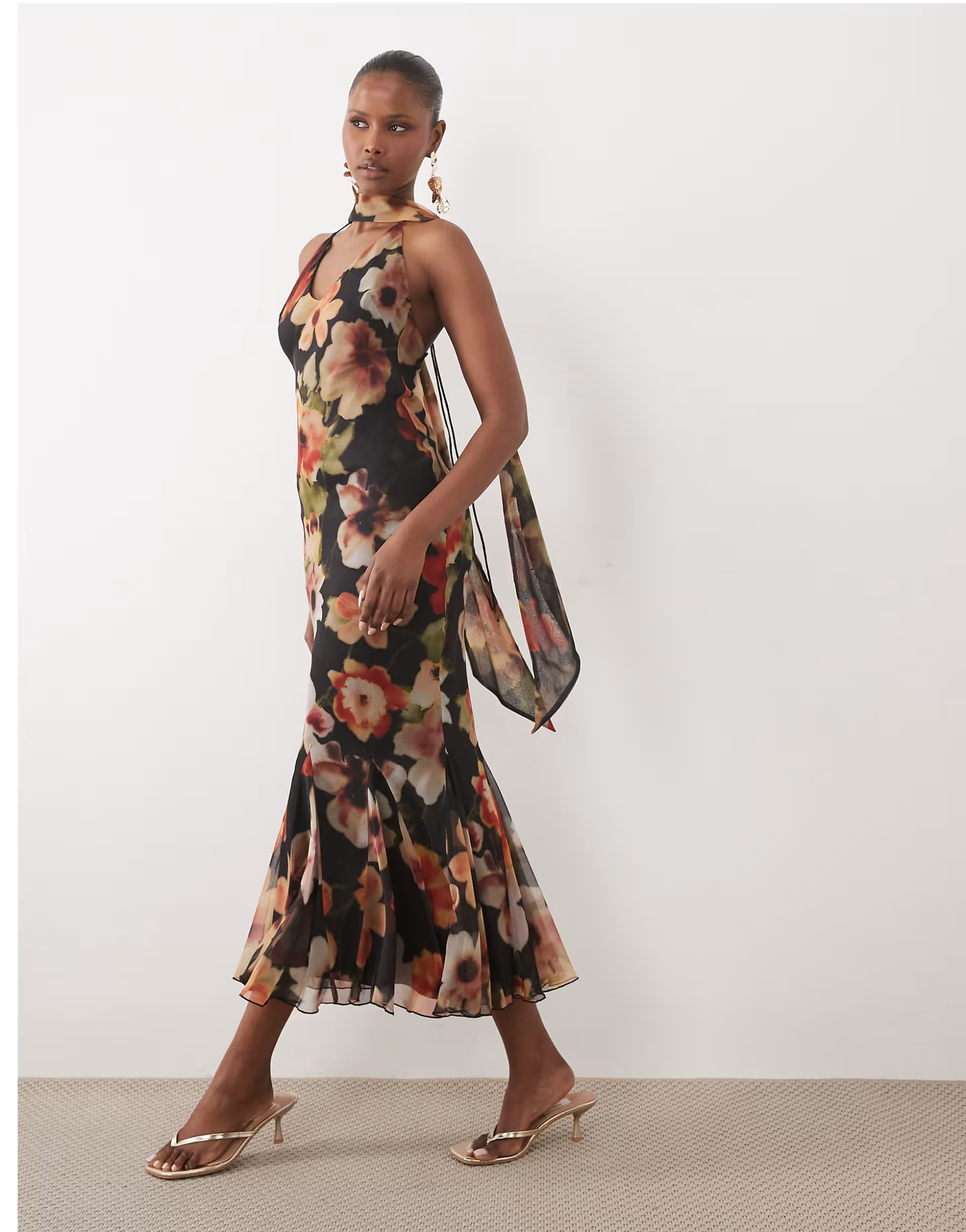 ASOS ASOS DESIGN bias plunge cami dress with full godets and scarf detail in dark floral print