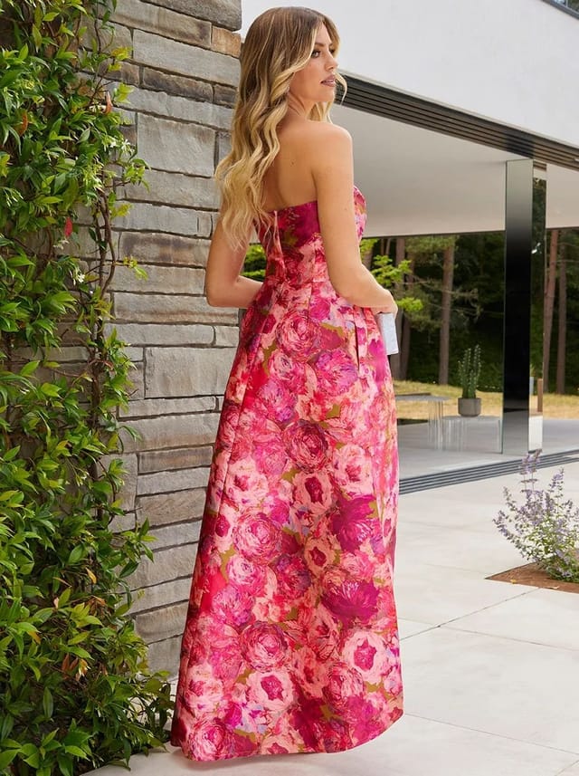 chi chi london Chi Chi London Women's Bandeau Sweetheart Floral Wrap Detail Dip Hem Dress in Pink - 3