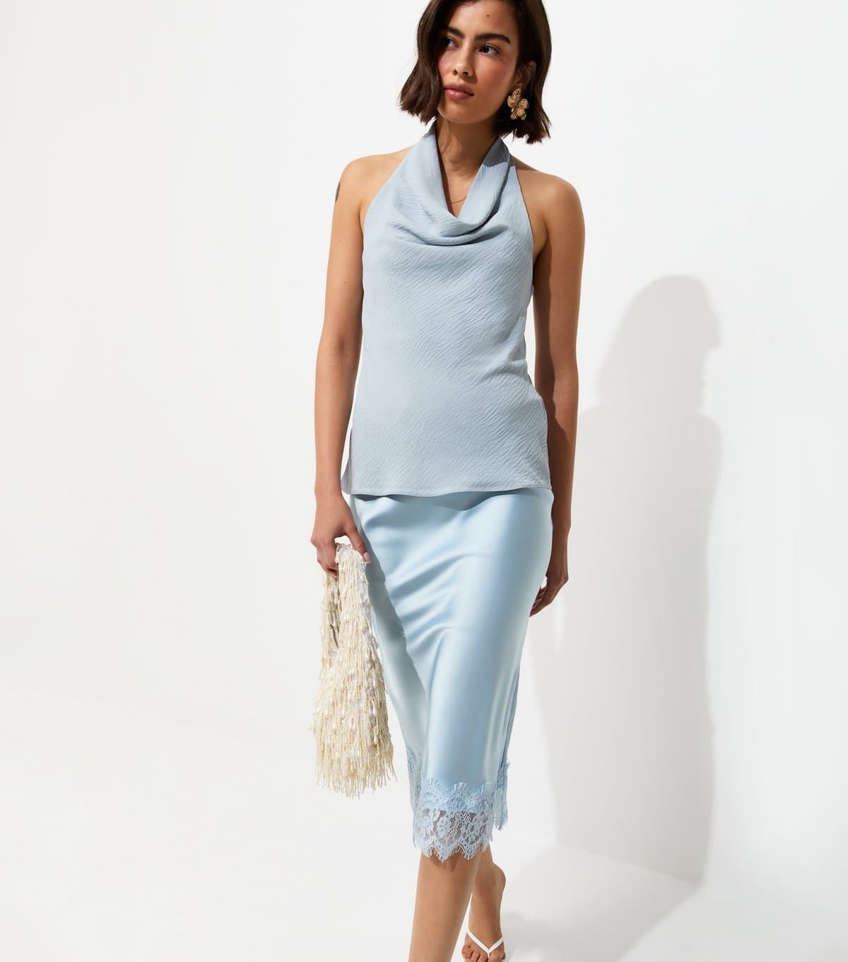 New Look Women's Blue Satin Lace Trim Skirt New Look
