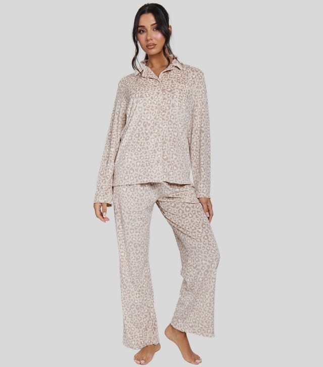 Loungeable Women's Brown Leopard Super Soft Velour Rib Buttoned Pyjama Set Loungeable New Look - 2