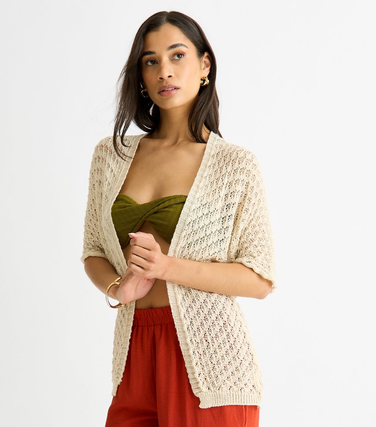 Gini London Women's Cream Short Sleeve Crochet Cardigan Gini London New Look - 2