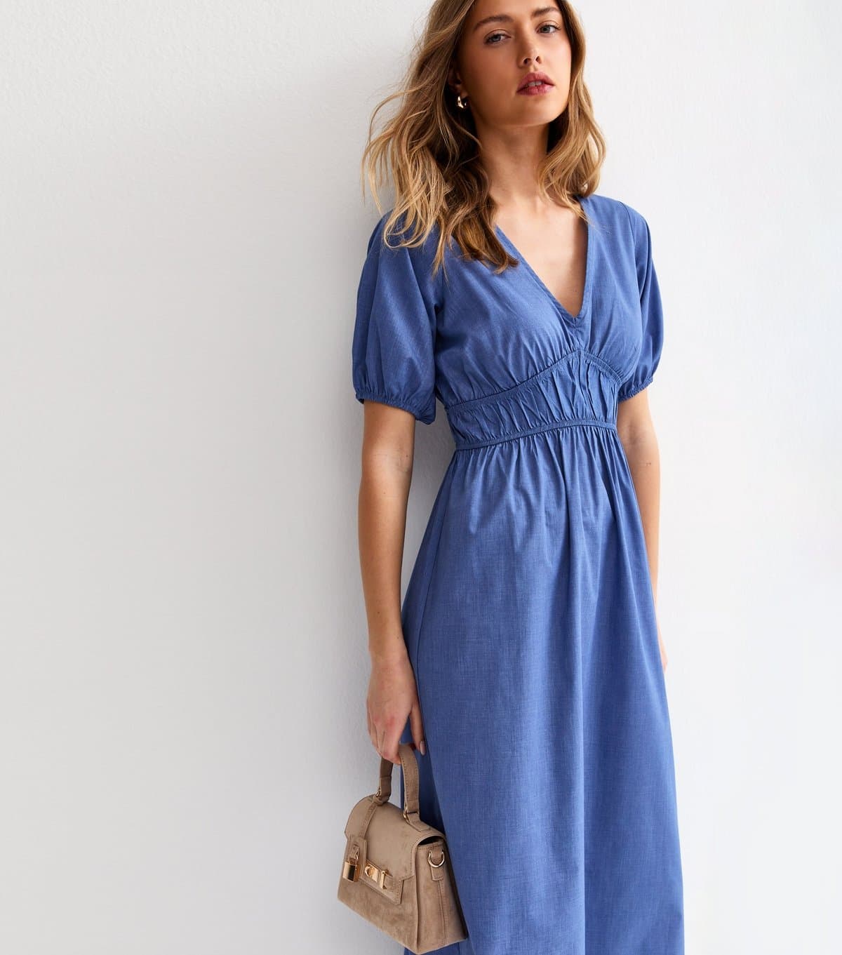 New Look Women's Blue Poplin Ruched Detail Midi Dress New Look
