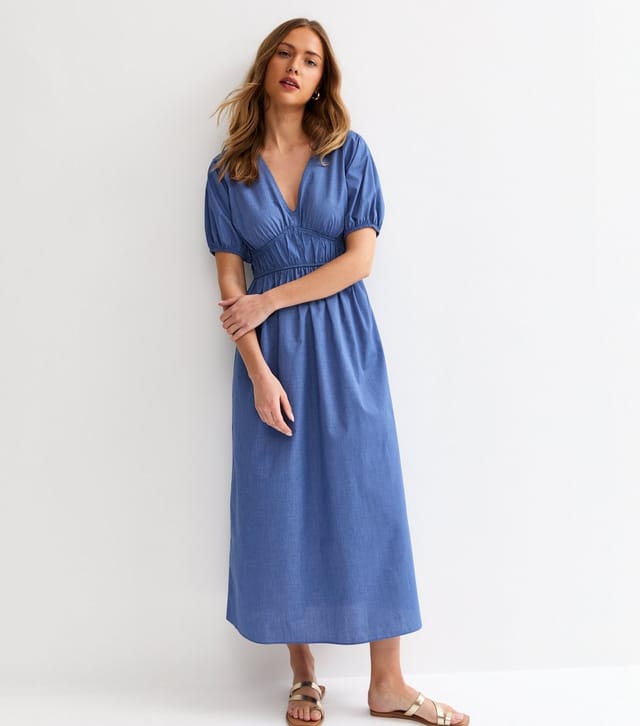 New Look Women's Blue Poplin Ruched Detail Midi Dress New Look - 3