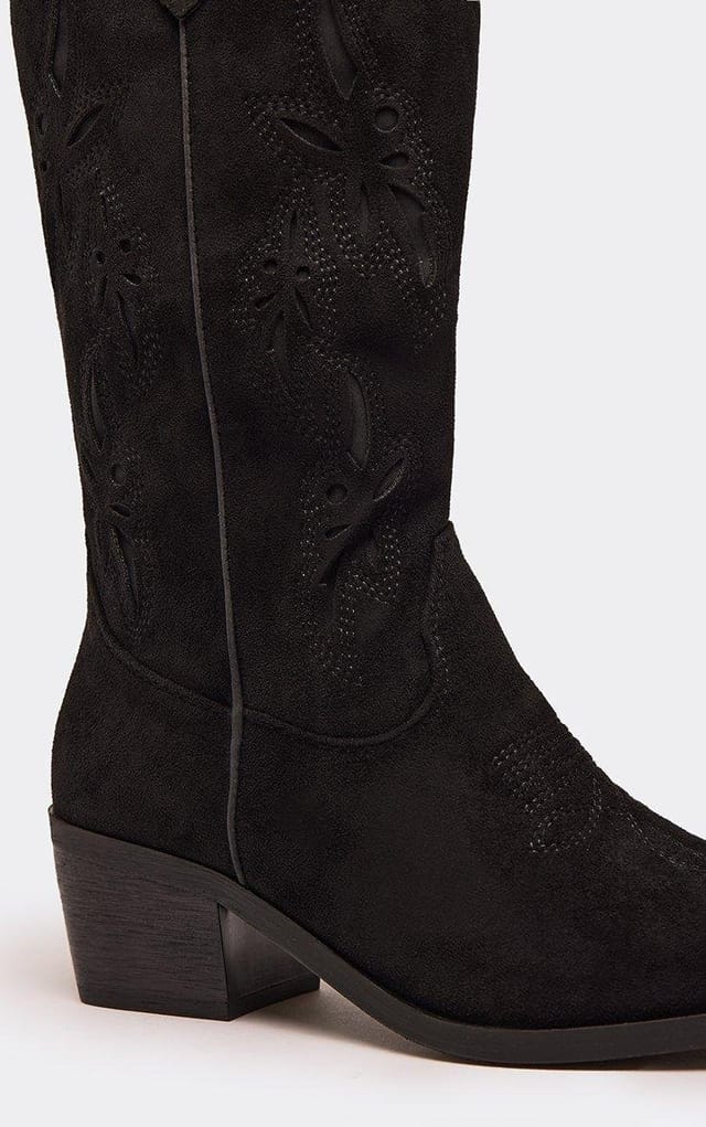 EGO Swift Cut Out Embroidered Detail Mid Calf Western Cowboy Boot In Black Faux Suede, Women's Size UK 3 - 2