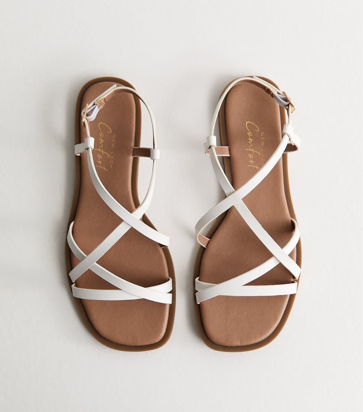 New Look Women's White Faux Leather Strappy Square Toe Flat Sandals Vegan New Look